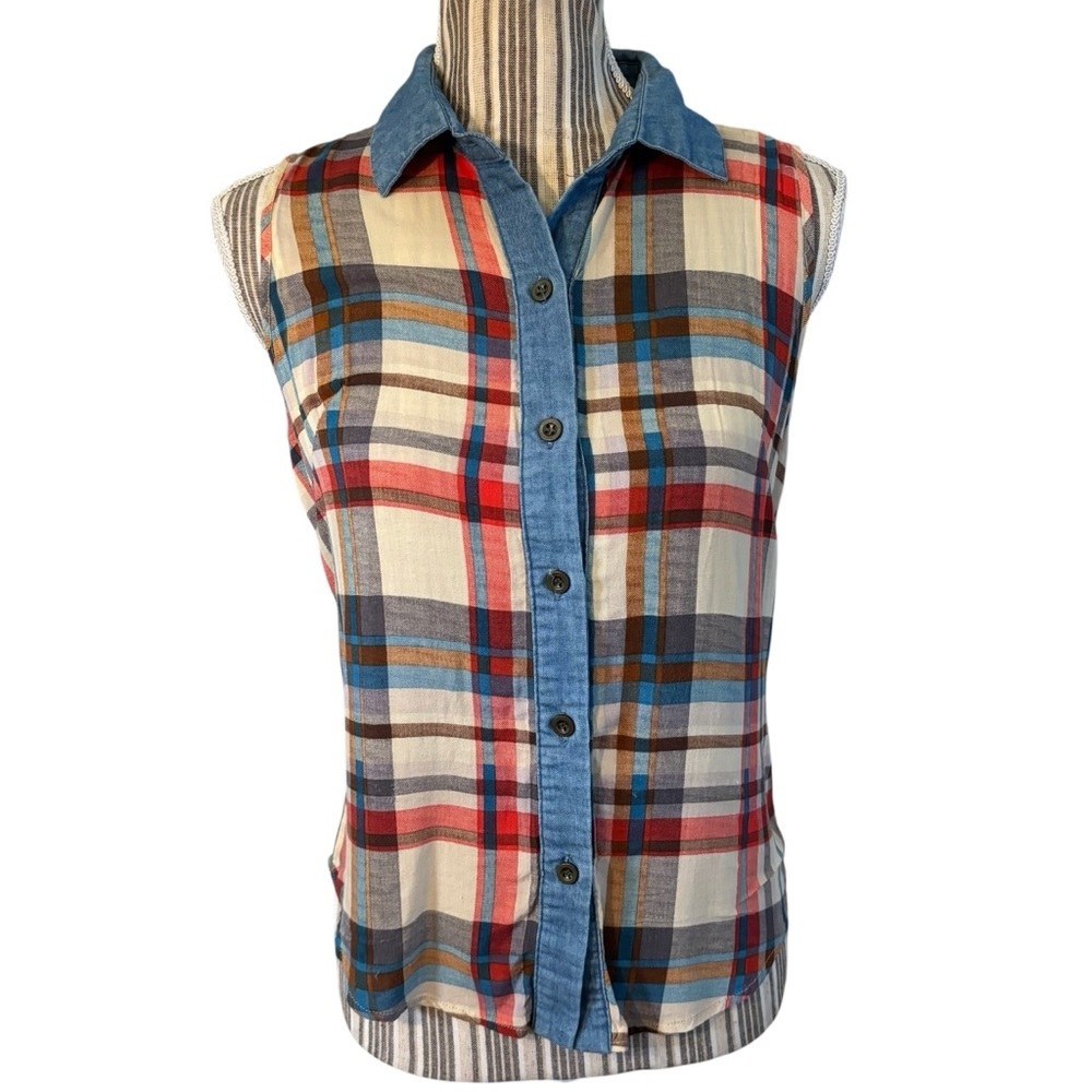 SALE! Roommates Top S Multicolor Plaid Button-Up Shirt Sleeveless Blue Red White
